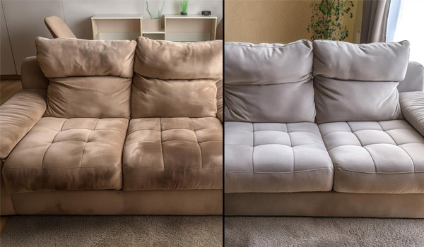 Before and after picture after a couch gets cleaned