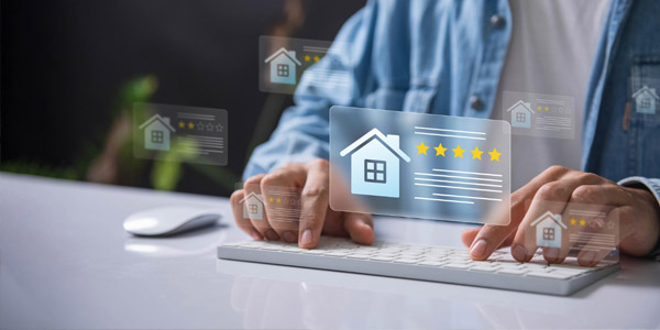 Person's hands typing on a computer looking up home services