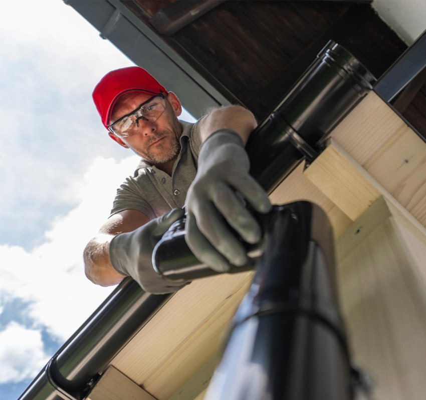 A man fixing the gutter of a home