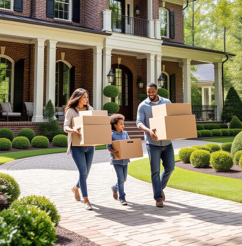 Family moving boxes into their new home