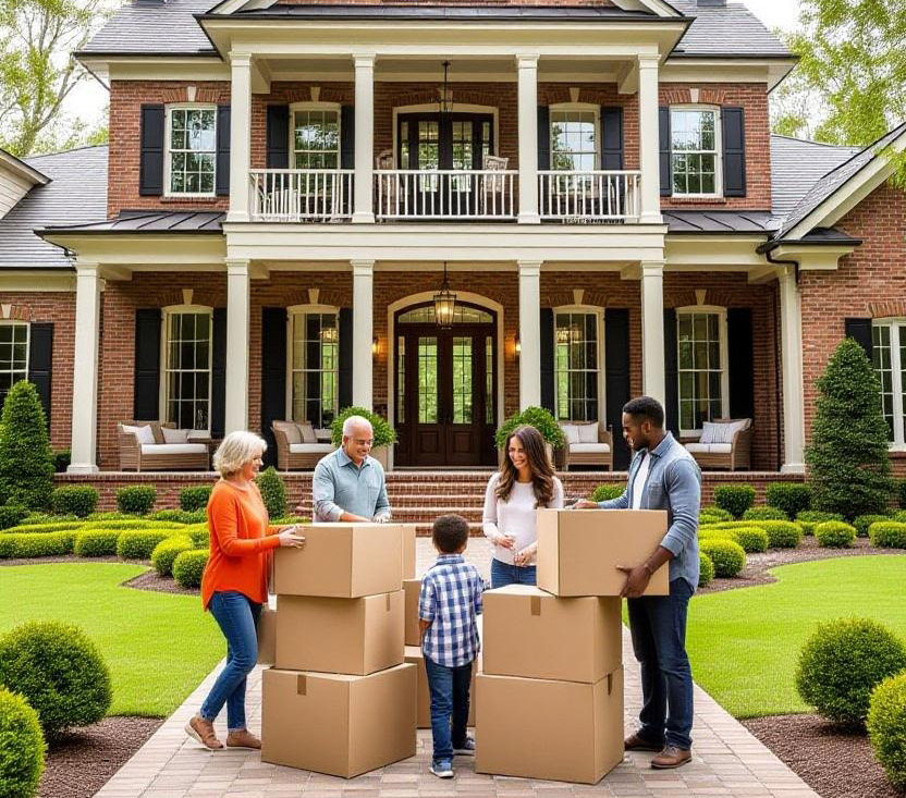 Family moving boxes into their new home