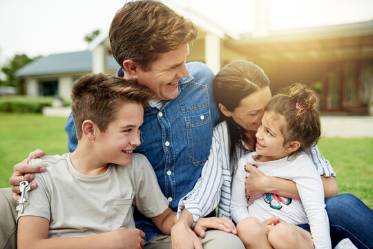 Outdoor, new home and family with smile, kids and gathering with break, lens flare and love