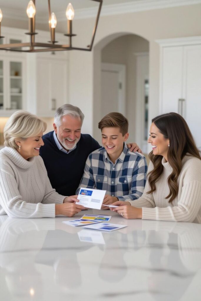 Family opening up mail in kitchen