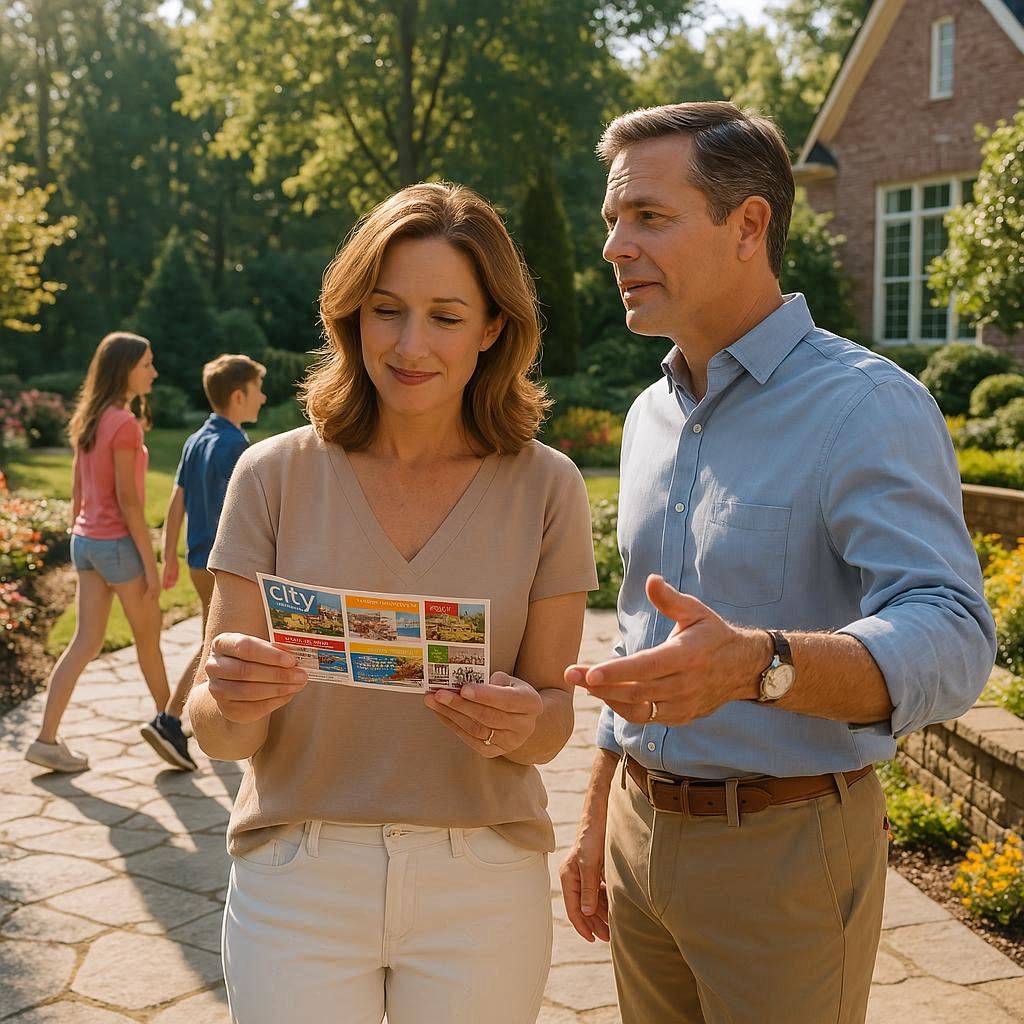 Couple looking at a postcard outside in their driveway