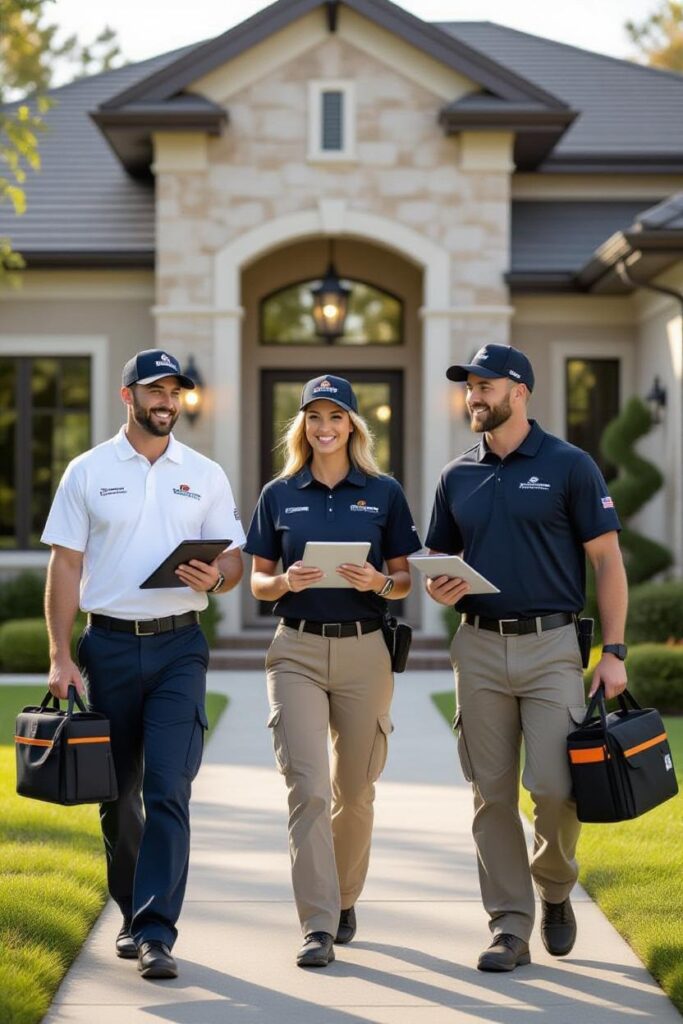 Home service workers walking out of a house
