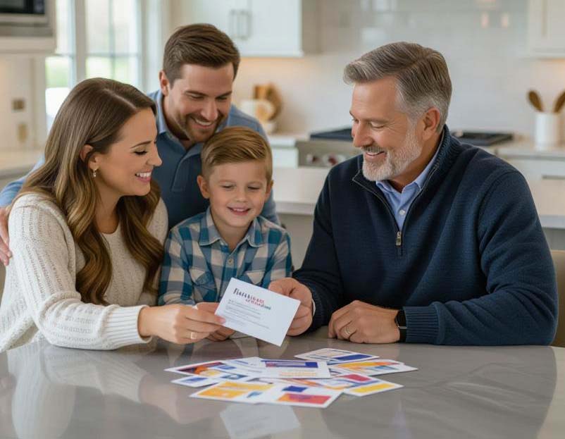 Family looking at postcards in kitchen