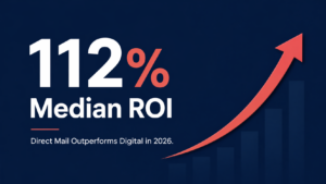 "Clean, modern infographic-style image on a deep navy background. Bold white and coral text displaying the stat '112% Median ROI' with a simple upward arrow graphic. Minimal design. No clutter. Premium feel. Small secondary line reading 'Direct Mail Outperforms Digital in 2026. Professional marketing brand aesthetic.