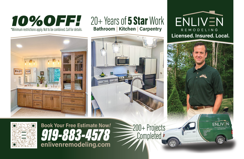 enliven remodeling kitchen bath carpentry direct mail post card in raleigh back