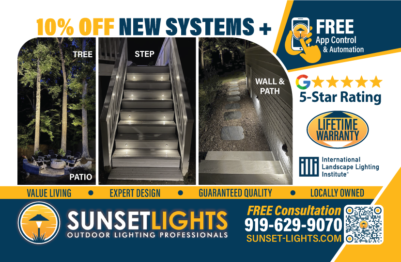 sunset lights outdoor lighting direct mail post card in raleigh front