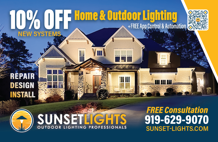 sunset lights outdoor lighting direct mail post card in raleigh front