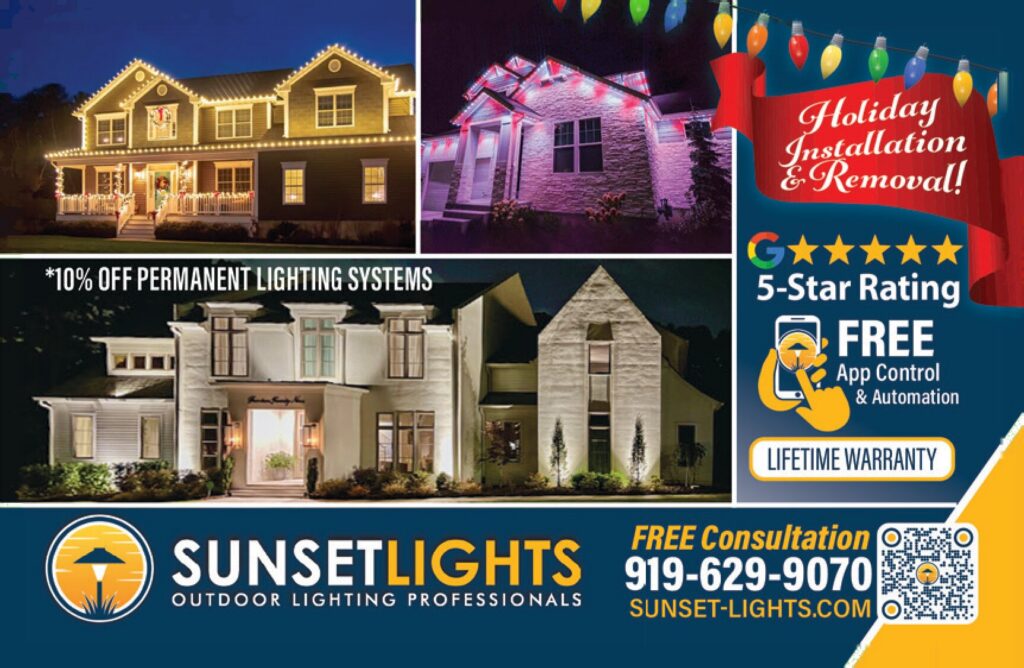 Homes with permanent roofline lighting, 10% off and lifetime warranty - Sunset Lights outdoor lighting postcard advertising, Triangle NC