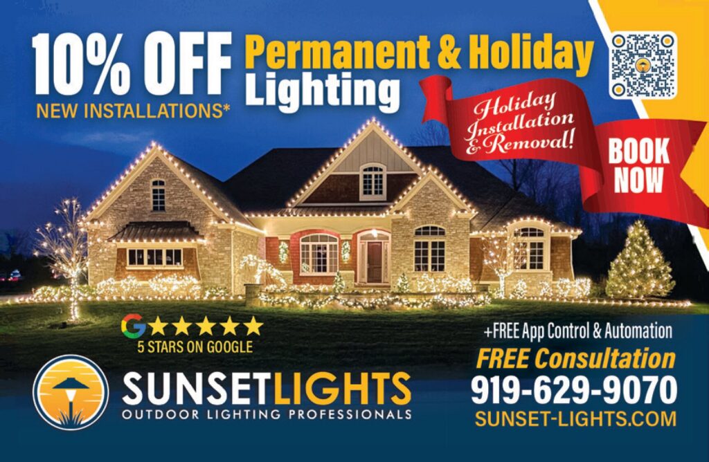10% off permanent and holiday lighting on a lit brick home - Sunset Lights outdoor lighting postcard advertising, Triangle NC