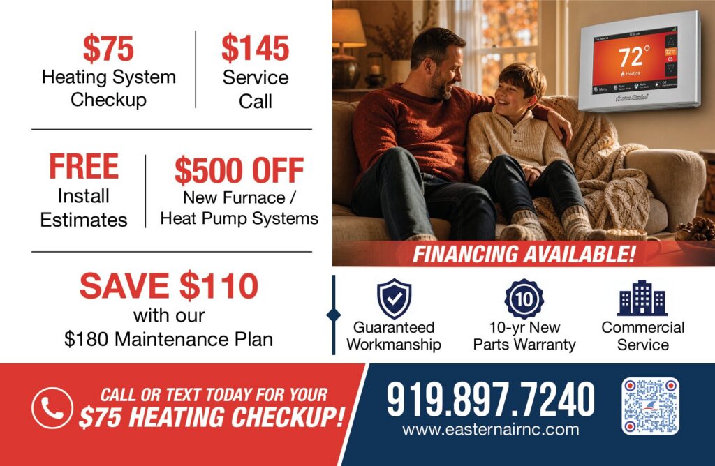 $75 checkup, $145 service call and $500 off a new furnace - Eastern Air HVAC postcard advertising, Apex NC