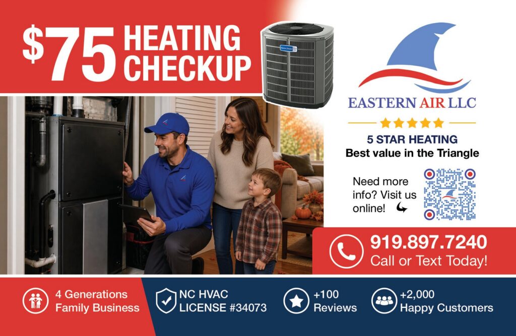 $75 Heating Checkup with technician at a furnace and a family - Eastern Air HVAC postcard advertising, Apex NC