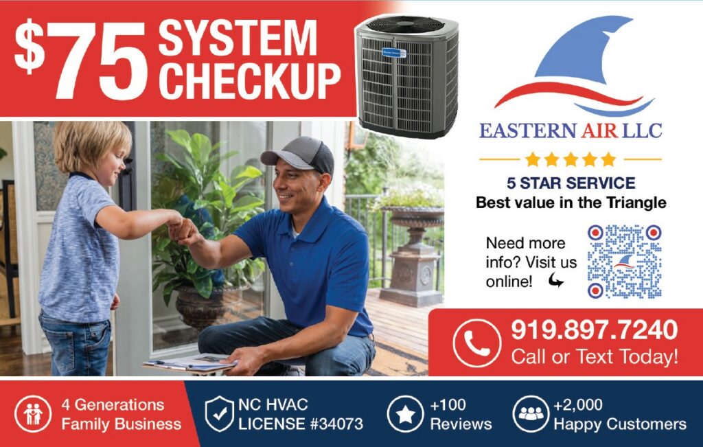 eastern air hvac air conditioning and heating shome service company post card advertisement advertisement featuring $75 system checkup