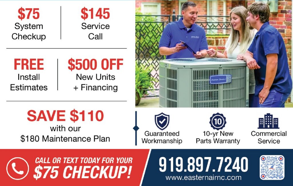 eastern air hvac air conditioning and heating shome service company post card advertisement advertisement featuring $75 system checkup, $145 service call, free estimates for hvac unit installation, $500 off new units.