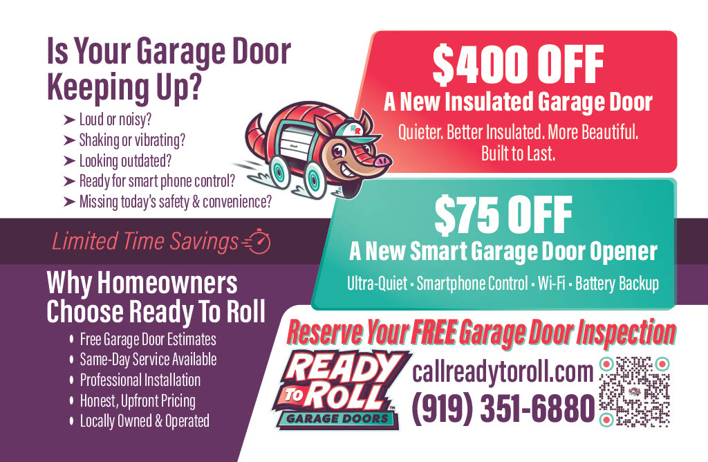 A direct mail post card advertisement (back side) for Ready to roll Garage Doors in Raleigh NC by City Publications