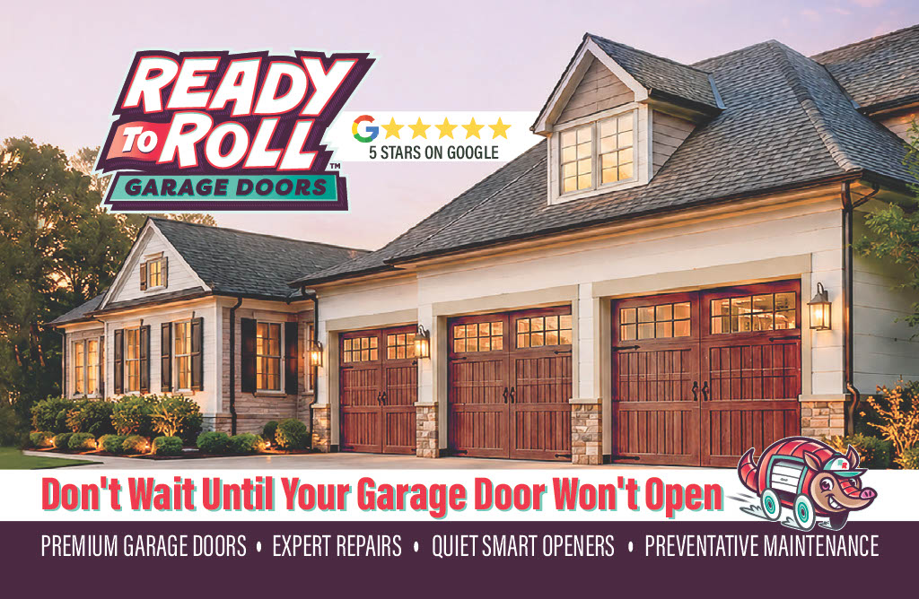 A direct mail post card advertisement for Ready to roll Garage Doors in Raleigh NC by City Publications
