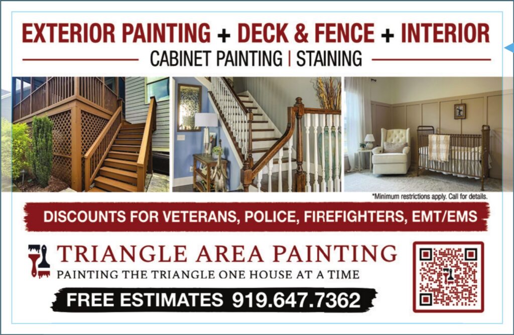 City Publications direct mail postcard advertising - back of the Triangle Area Painting card with deck and staircase photos and veteran discounts, in our card pack for Raleigh Triangle homeowners