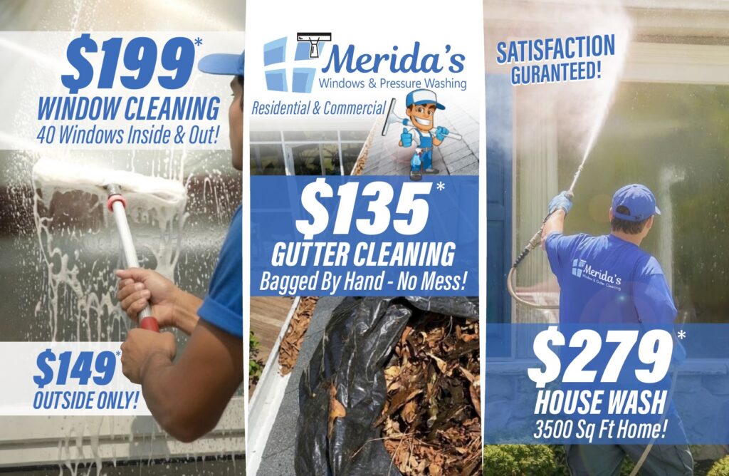 Meridas Home Show-in-a-Box card pack mailer - window cleaning, gutter cleaning, and house wash postcards that put Meridas in front of Raleigh and Triangle homeowners.