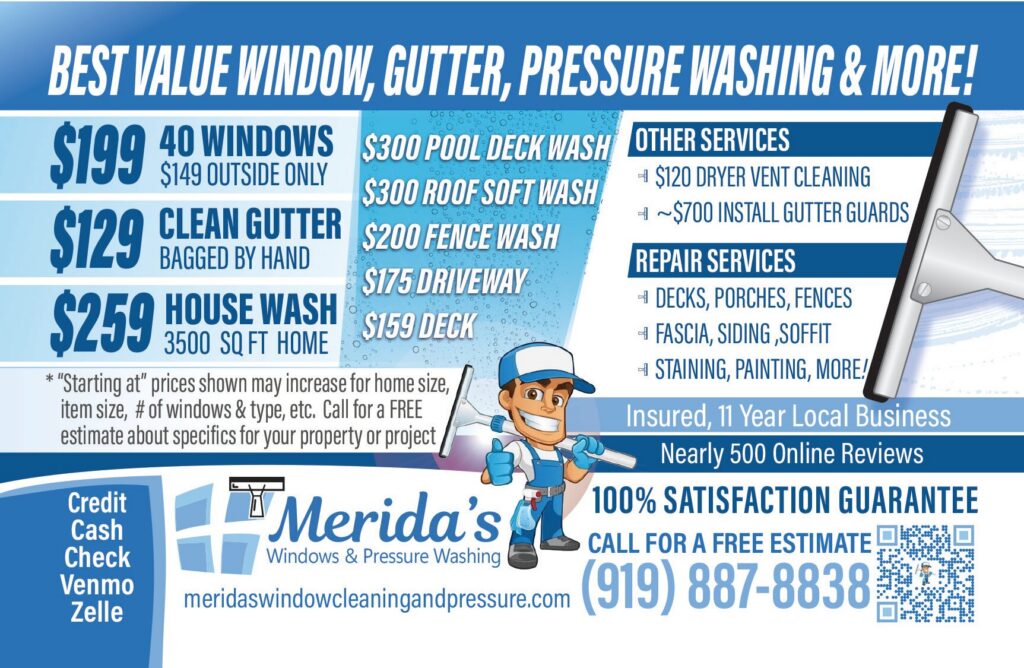 Window, gutter and pressure washing price list with $129 gutters, $259 house wash and the Merida's mascot - Merida's Windows and Pressure Washing postcard advertising, Raleigh NC