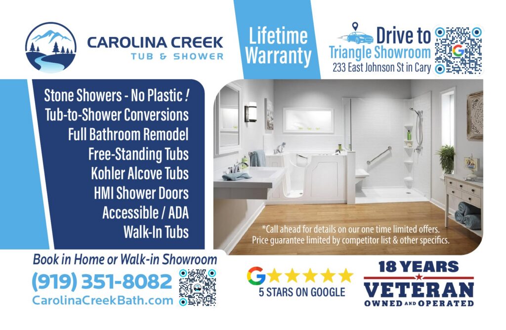 Walk-in tub, services list and Cary showroom - Carolina Creek Tub & Shower bathroom remodeling postcard advertising, Raleigh NC