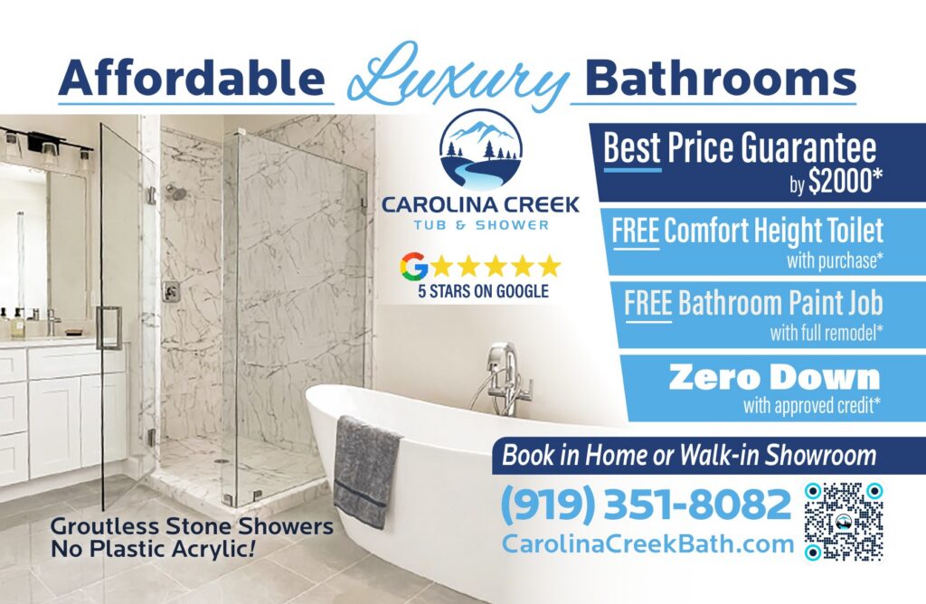 Affordable Luxury Bathrooms stone shower and freestanding tub - Carolina Creek Tub & Shower bathroom remodeling postcard advertising, Raleigh NC
