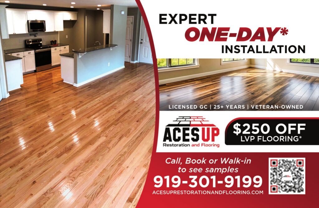 Expert One-Day Installation hardwood floors and $250 off LVP flooring offer - Aces Up Restoration & Flooring flooring postcard advertising, Raleigh NC